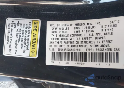 2012 Acura Tl 3.5 from USA, damaged, VIN 19UUA8F52CA032691